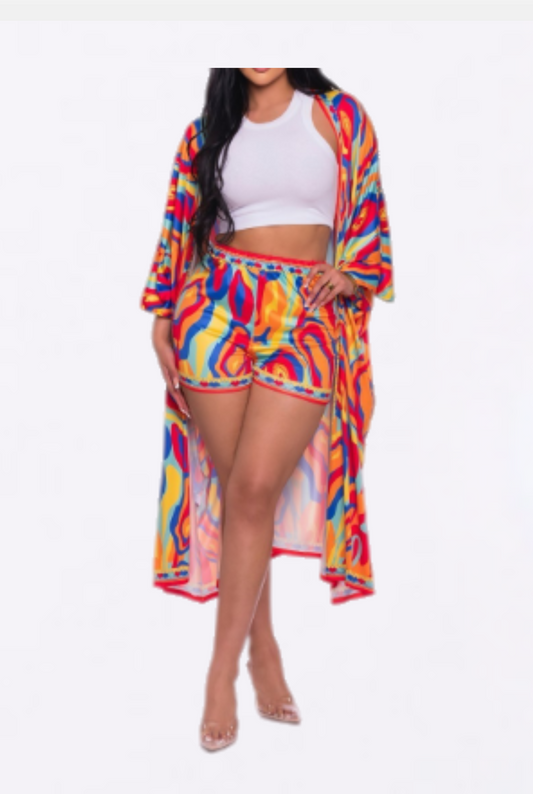 Abstract Shorts & Kimono Set